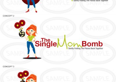 The Single Mom Bomb logo. Graphic of woman in jeans, a green shirt, and red heels holding a flower pot