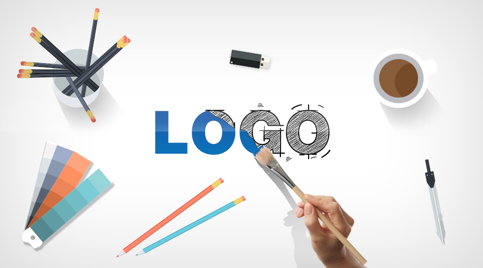 white background with design material flash drive and coffee with the word logo